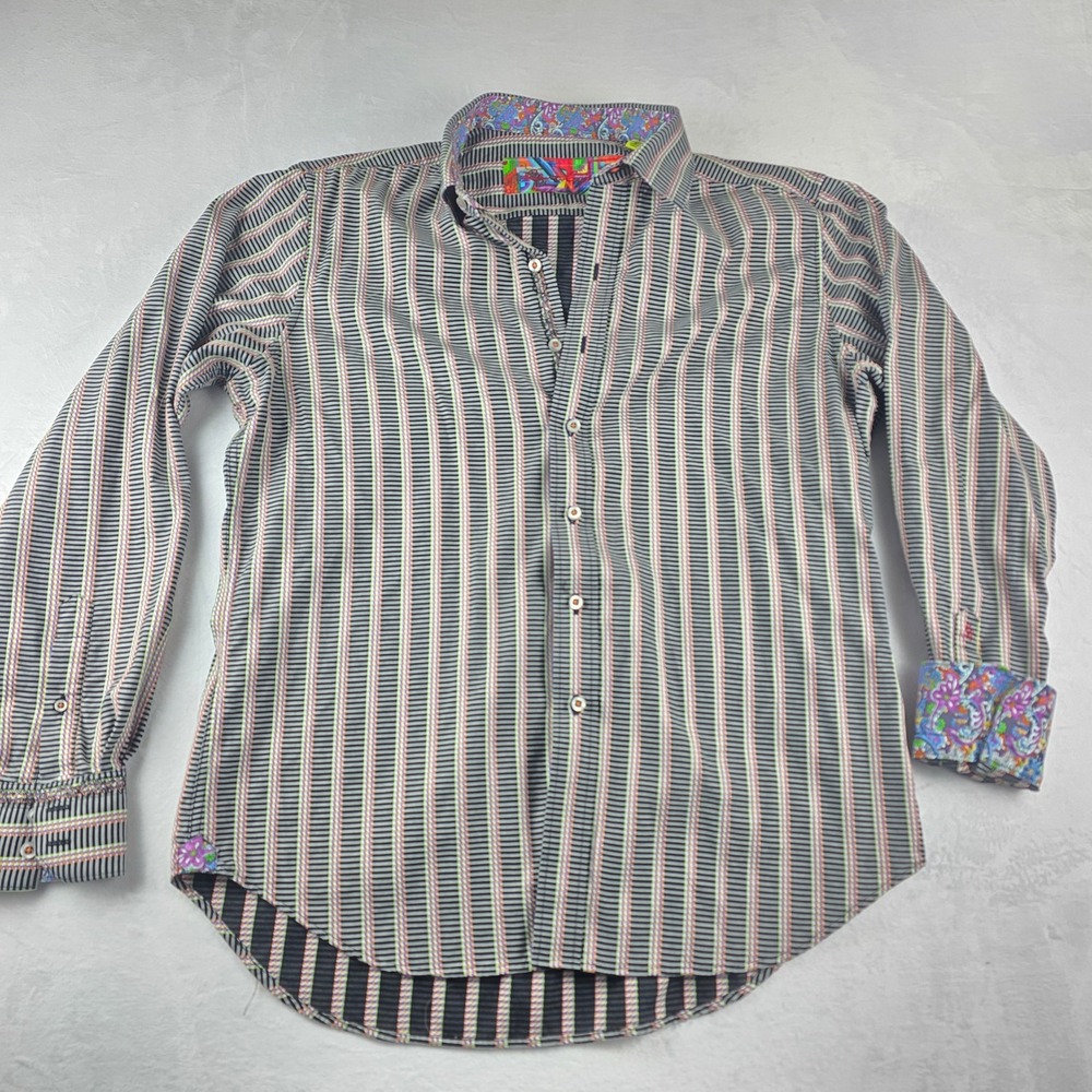 Robert Graham Men's Button Up Long Sleeve Novelty Paisley Trim Striped Mens‎ L